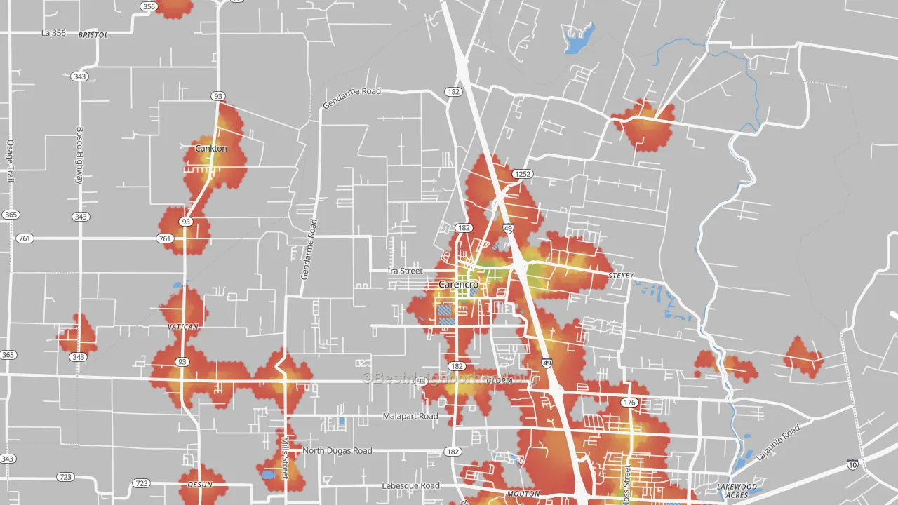 Walk Grade map of 70520, LA, walkable areas in green and car-dependent areas in red