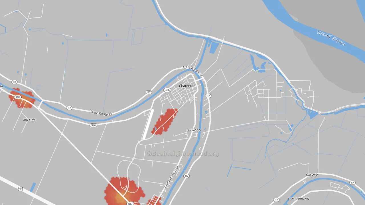 Walk Grade map of 70523, LA, walkable areas in green and car-dependent areas in red