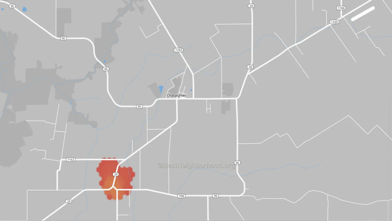 Walk Grade map of 70524, LA, walkable areas in green and car-dependent areas in red