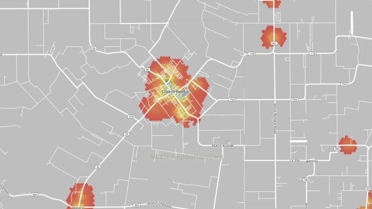 Walk Grade map of 70525, LA, walkable areas in green and car-dependent areas in red