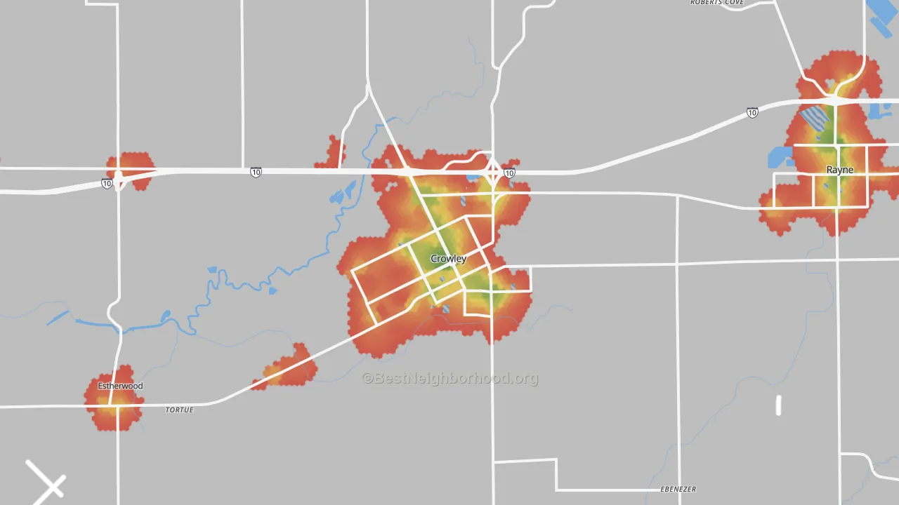 Walk Grade map of 70526, LA, walkable areas in green and car-dependent areas in red