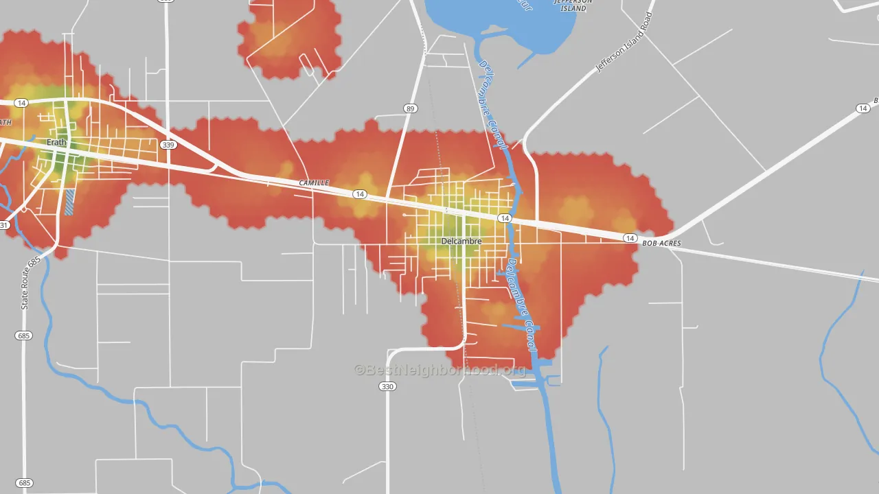 Walk Grade map of 70528, LA, walkable areas in green and car-dependent areas in red