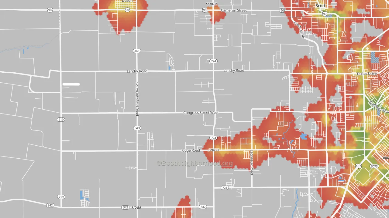 Walk Grade map of 70529, LA, walkable areas in green and car-dependent areas in red