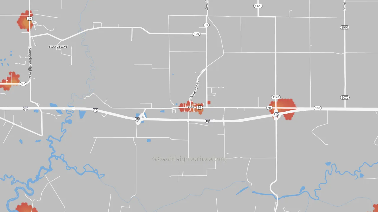 Walk Grade map of 70531, LA, walkable areas in green and car-dependent areas in red