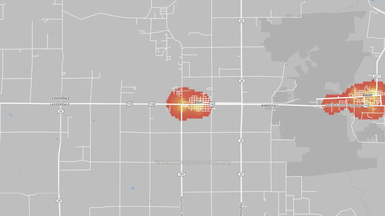 Walk Grade map of 70532, LA, walkable areas in green and car-dependent areas in red