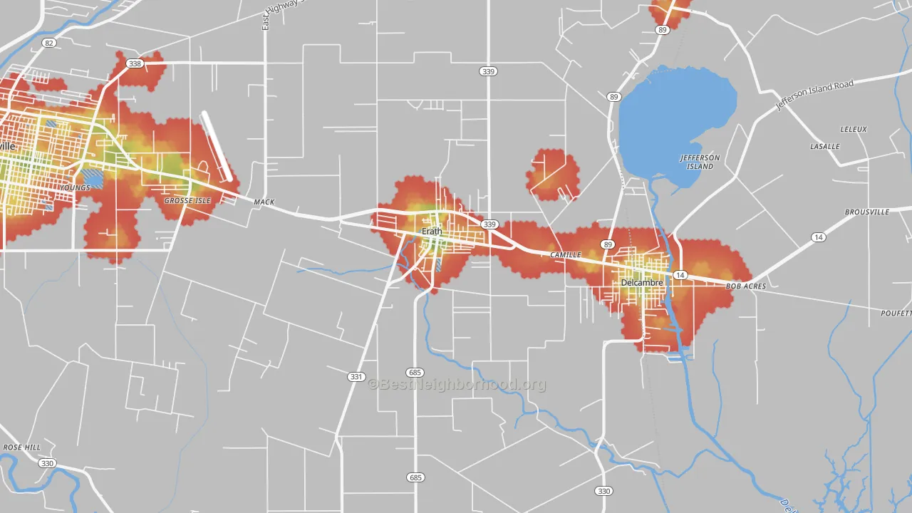 Walk Grade map of 70533, LA, walkable areas in green and car-dependent areas in red