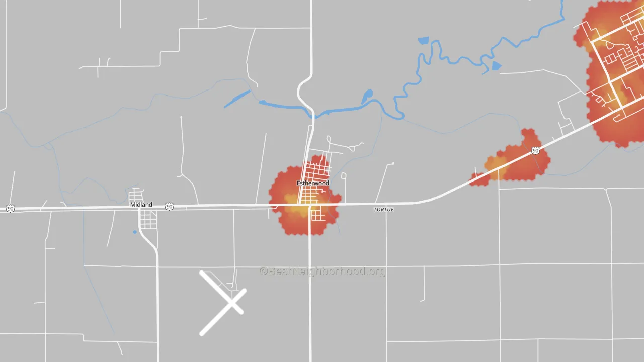 Walk Grade map of 70534, LA, walkable areas in green and car-dependent areas in red