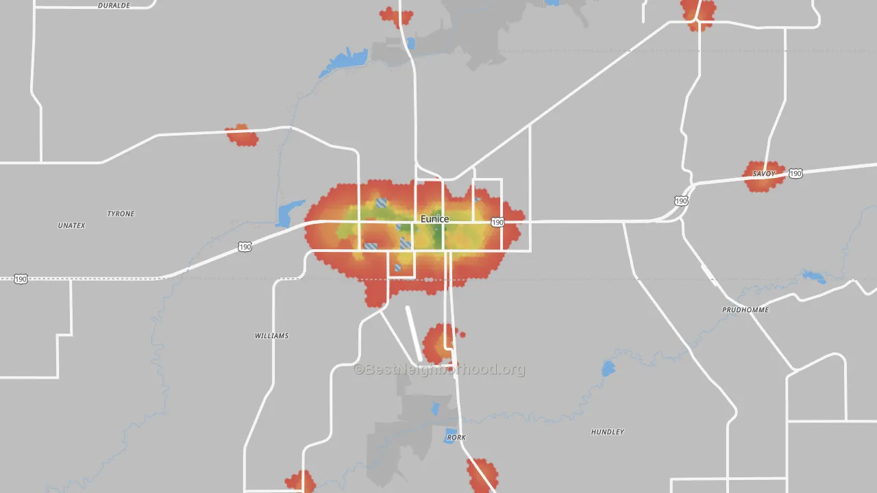Walk Grade map of 70535, LA, walkable areas in green and car-dependent areas in red