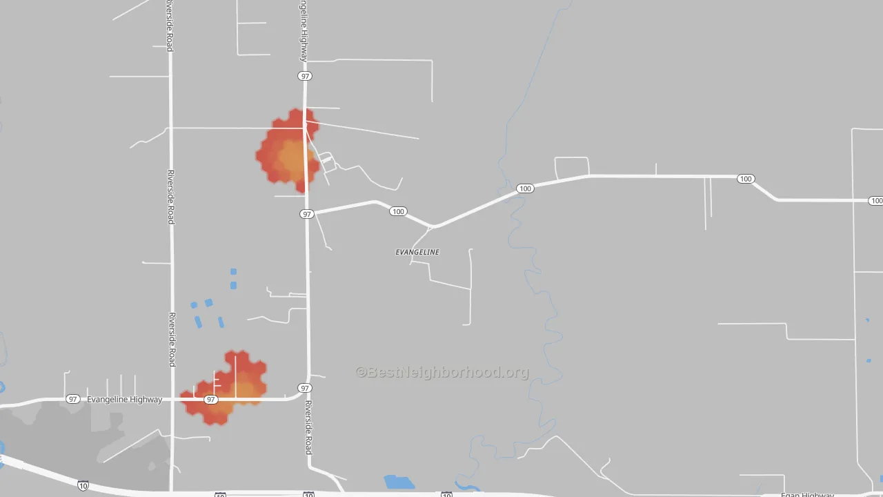 Walk Grade map of 70537, LA, walkable areas in green and car-dependent areas in red