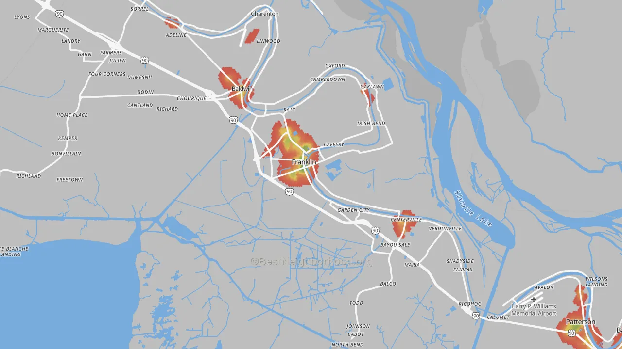 Walk Grade map of 70538, LA, walkable areas in green and car-dependent areas in red