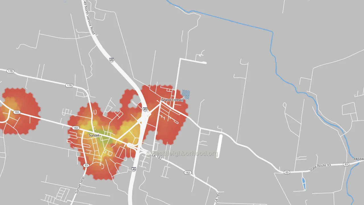 Walk Grade map of 70541, LA, walkable areas in green and car-dependent areas in red