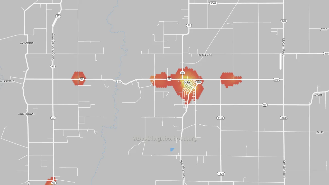 Walk Grade map of 70543, LA, walkable areas in green and car-dependent areas in red