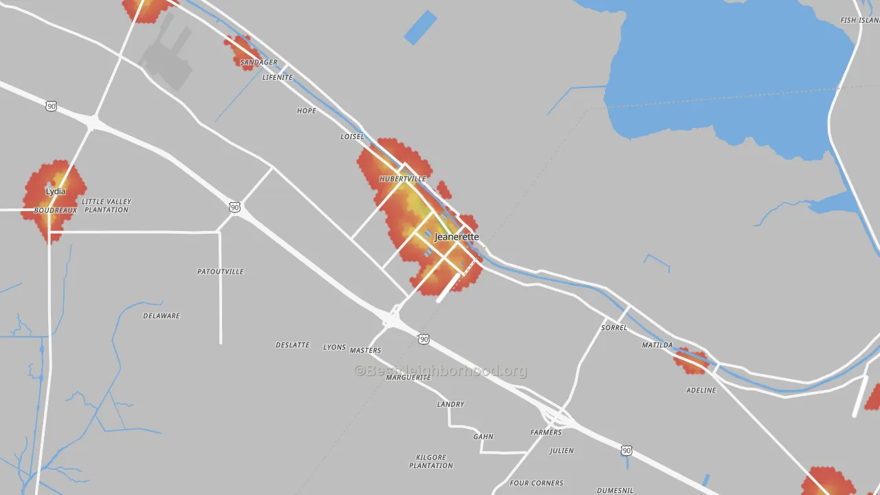 Walk Grade map of 70544, LA, walkable areas in green and car-dependent areas in red