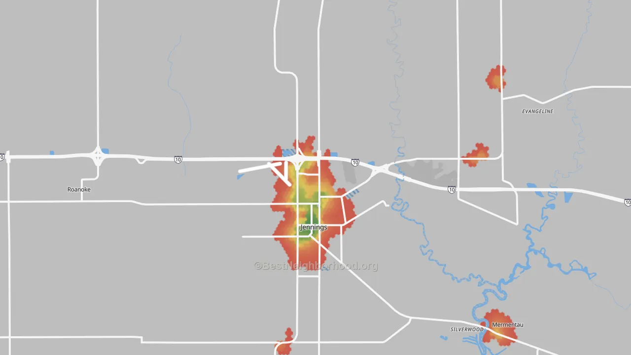 Walk Grade map of 70546, LA, walkable areas in green and car-dependent areas in red