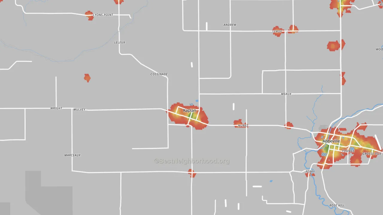 Walk Grade map of 70548, LA, walkable areas in green and car-dependent areas in red