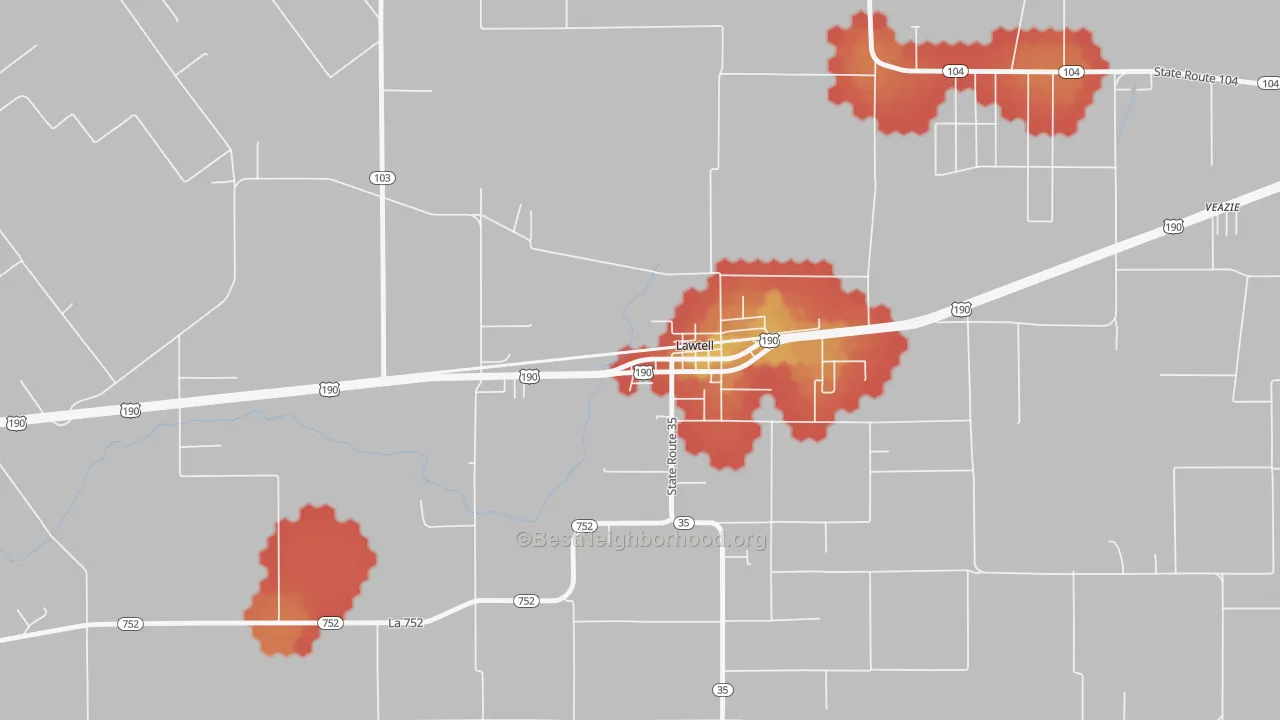 Walk Grade map of 70550, LA, walkable areas in green and car-dependent areas in red