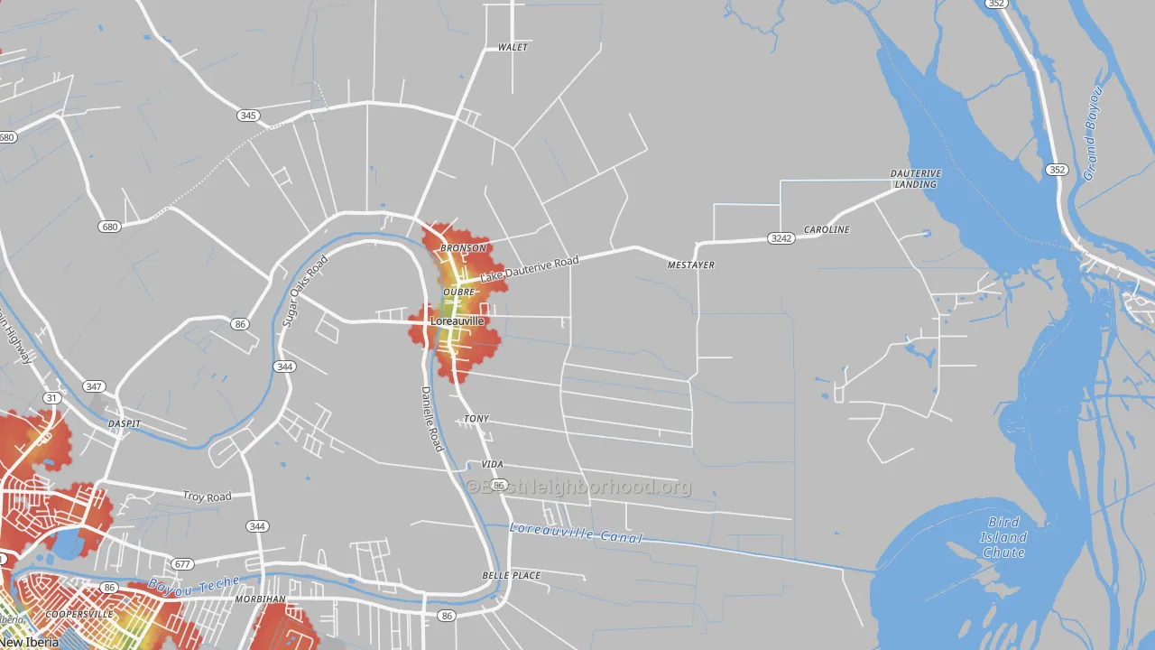 Walk Grade map of 70552, LA, walkable areas in green and car-dependent areas in red