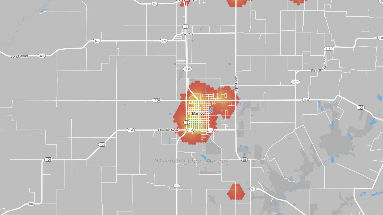 Walk Grade map of 70554, LA, walkable areas in green and car-dependent areas in red