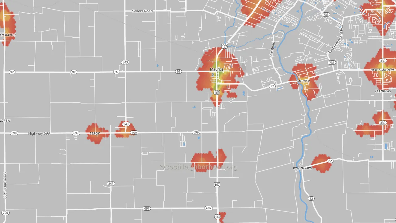 Walk Grade map of 70555, LA, walkable areas in green and car-dependent areas in red