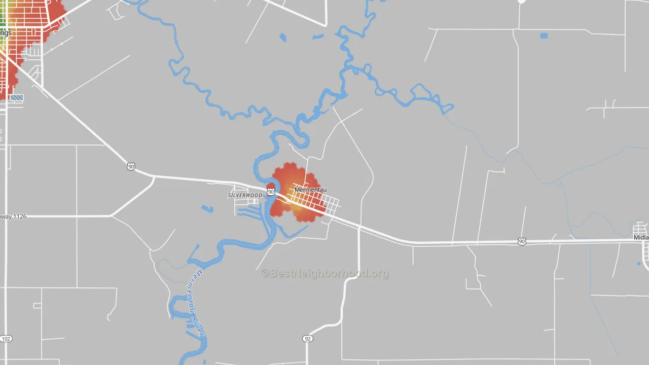 Walk Grade map of 70556, LA, walkable areas in green and car-dependent areas in red