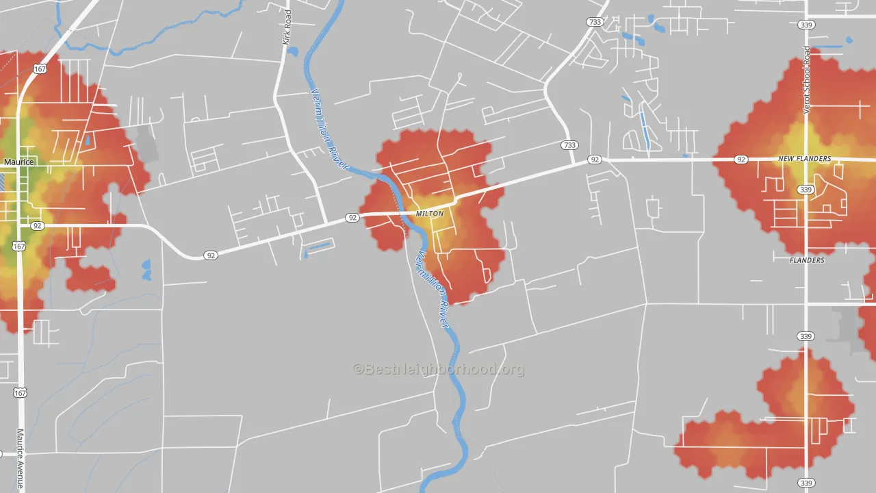 Walk Grade map of 70558, LA, walkable areas in green and car-dependent areas in red