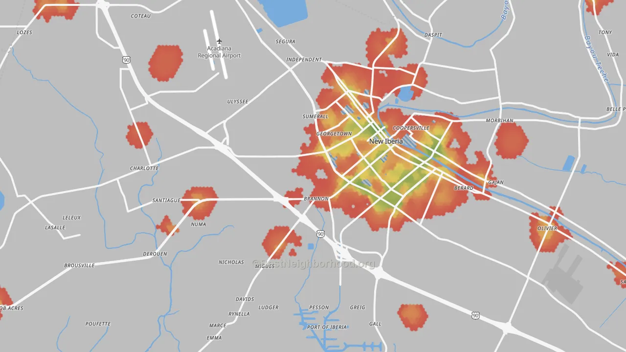 Walk Grade map of 70560, LA, walkable areas in green and car-dependent areas in red