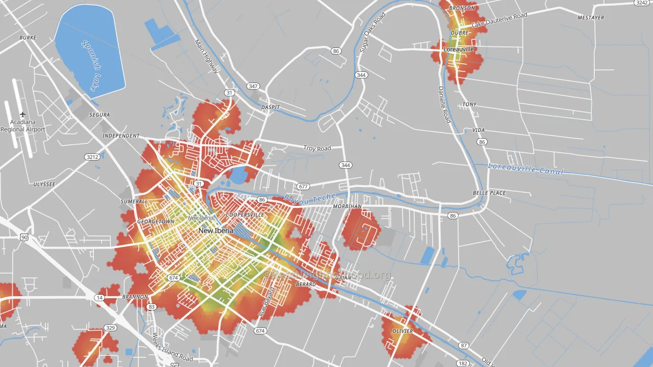 Walk Grade map of 70563, LA, walkable areas in green and car-dependent areas in red
