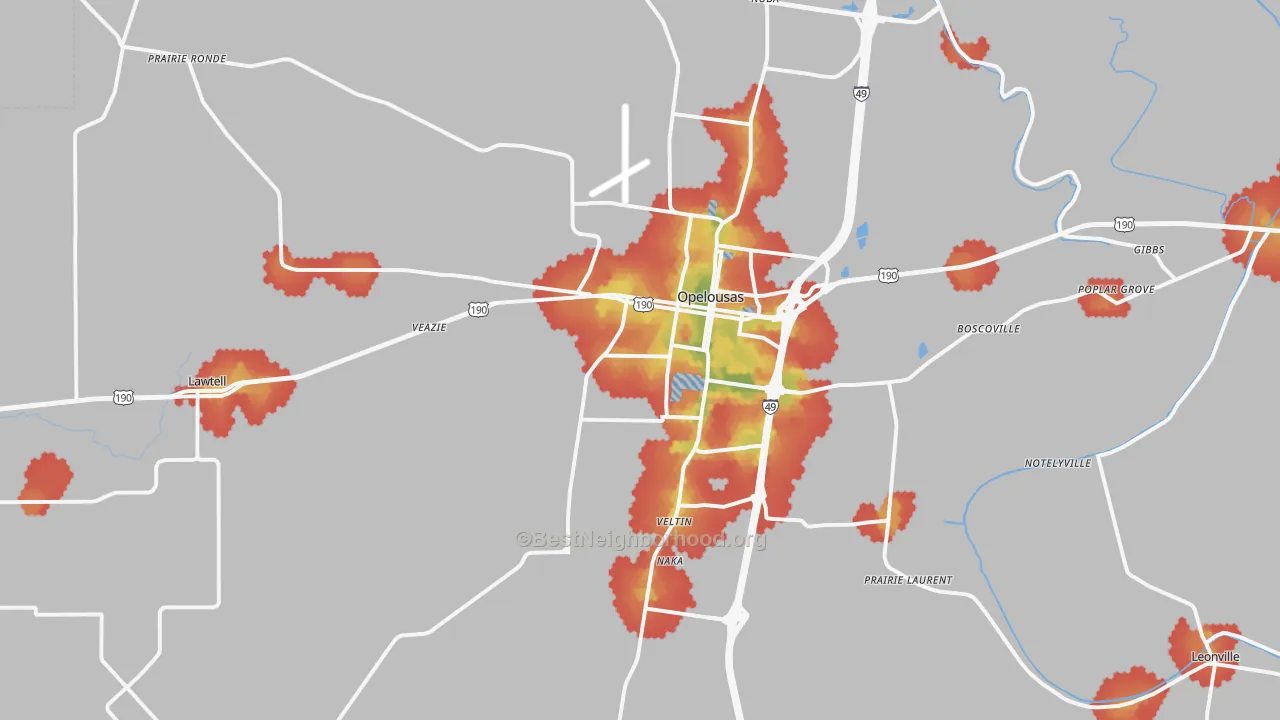 Walk Grade map of 70570, LA, walkable areas in green and car-dependent areas in red