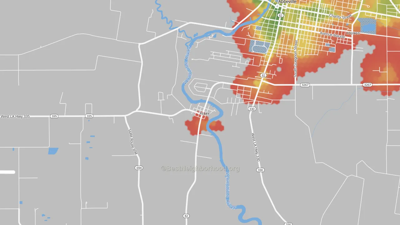 Walk Grade map of 70575, LA, walkable areas in green and car-dependent areas in red