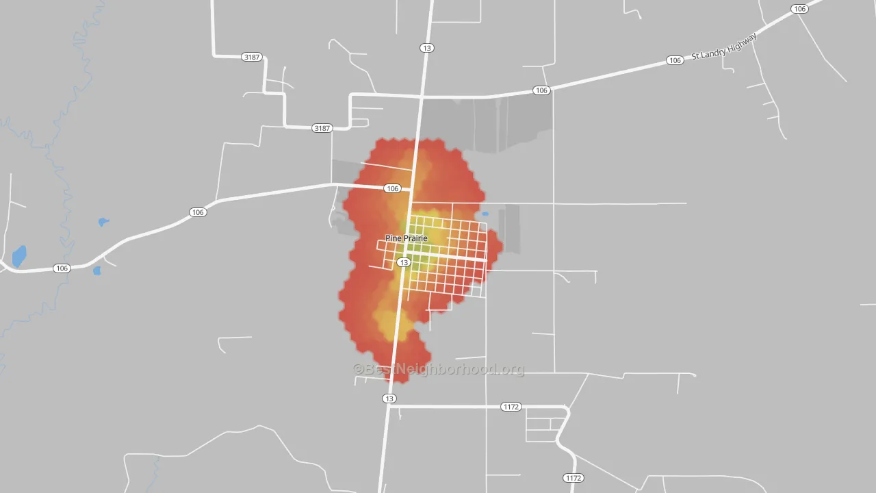 Walk Grade map of 70576, LA, walkable areas in green and car-dependent areas in red