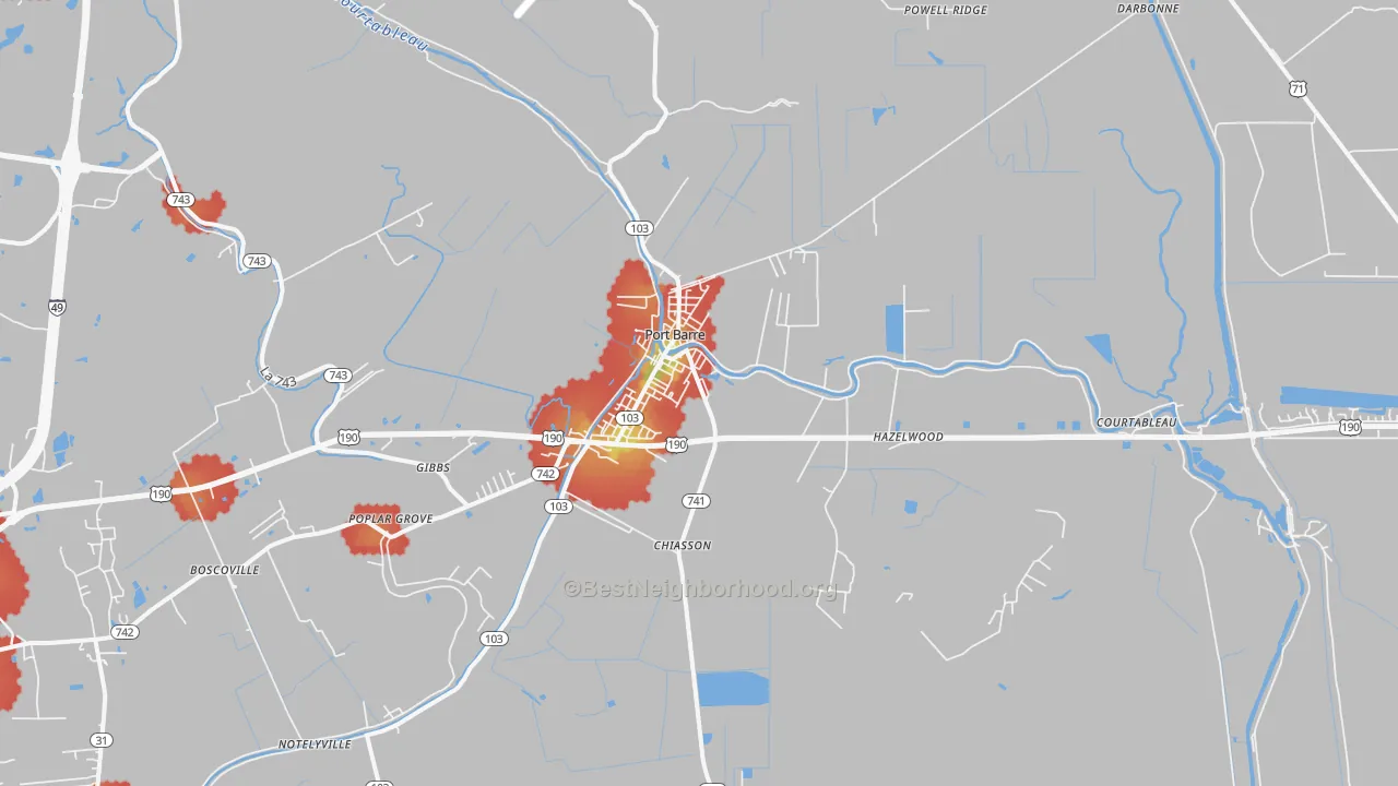 Walk Grade map of 70577, LA, walkable areas in green and car-dependent areas in red