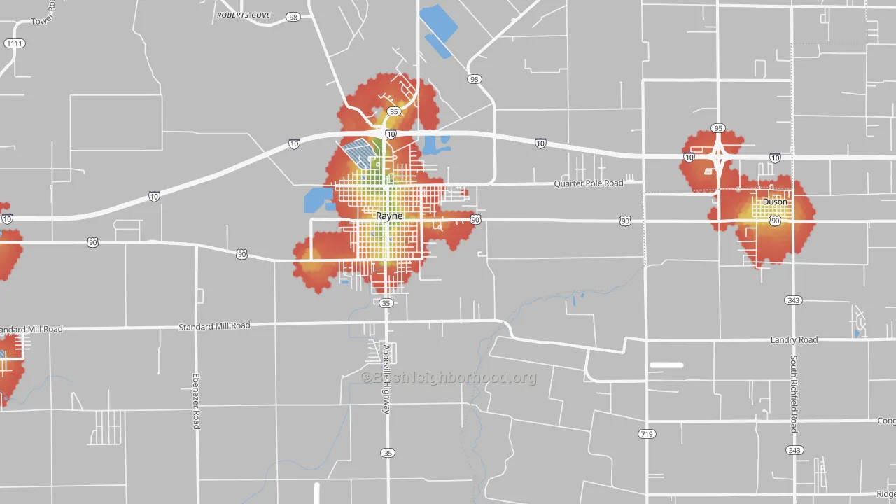 Walk Grade map of 70578, LA, walkable areas in green and car-dependent areas in red