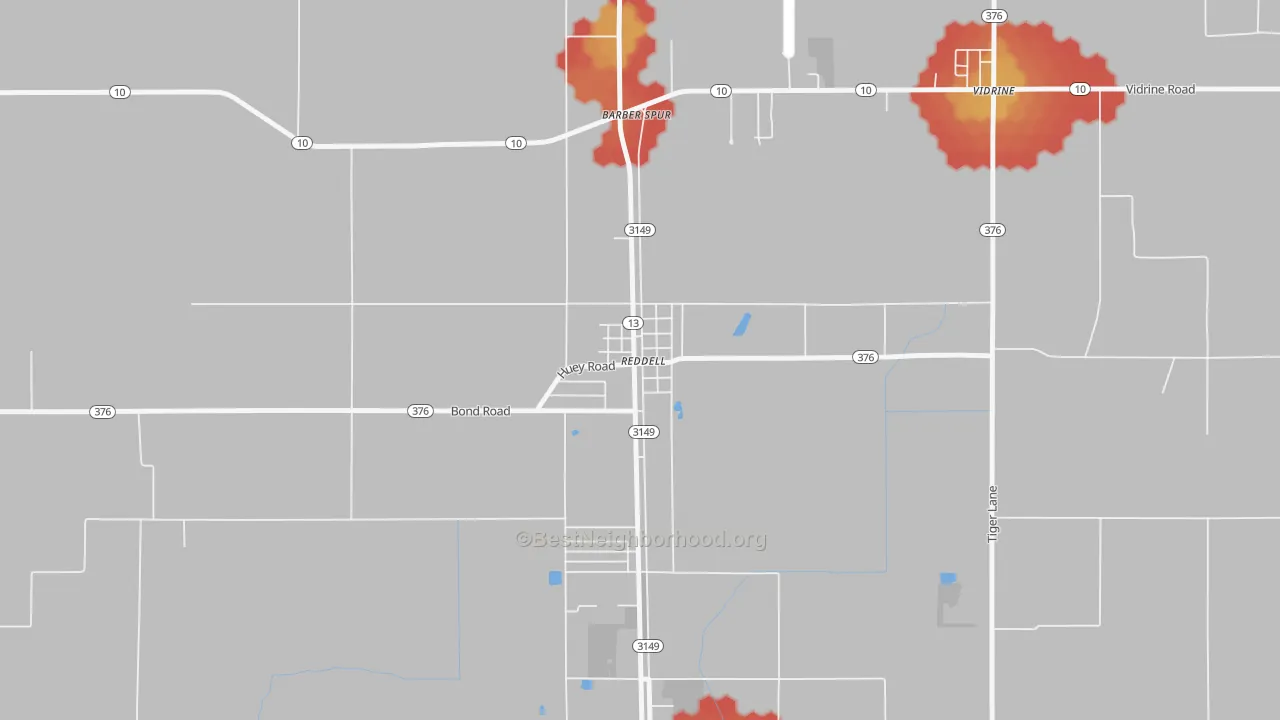 Walk Grade map of 70580, LA, walkable areas in green and car-dependent areas in red