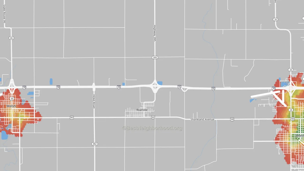 Walk Grade map of 70581, LA, walkable areas in green and car-dependent areas in red
