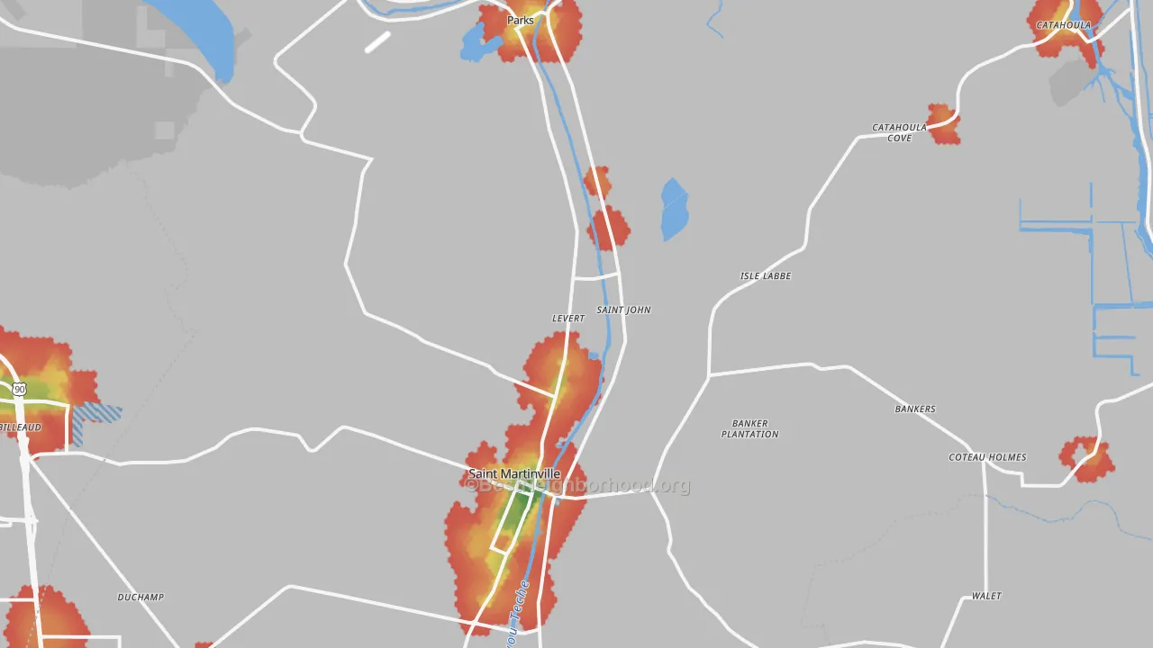 Walk Grade map of 70582, LA, walkable areas in green and car-dependent areas in red