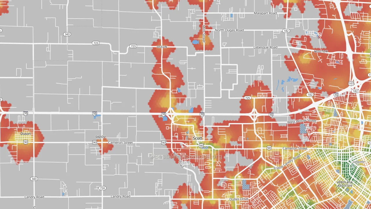 Walk Grade map of 70583, LA, walkable areas in green and car-dependent areas in red