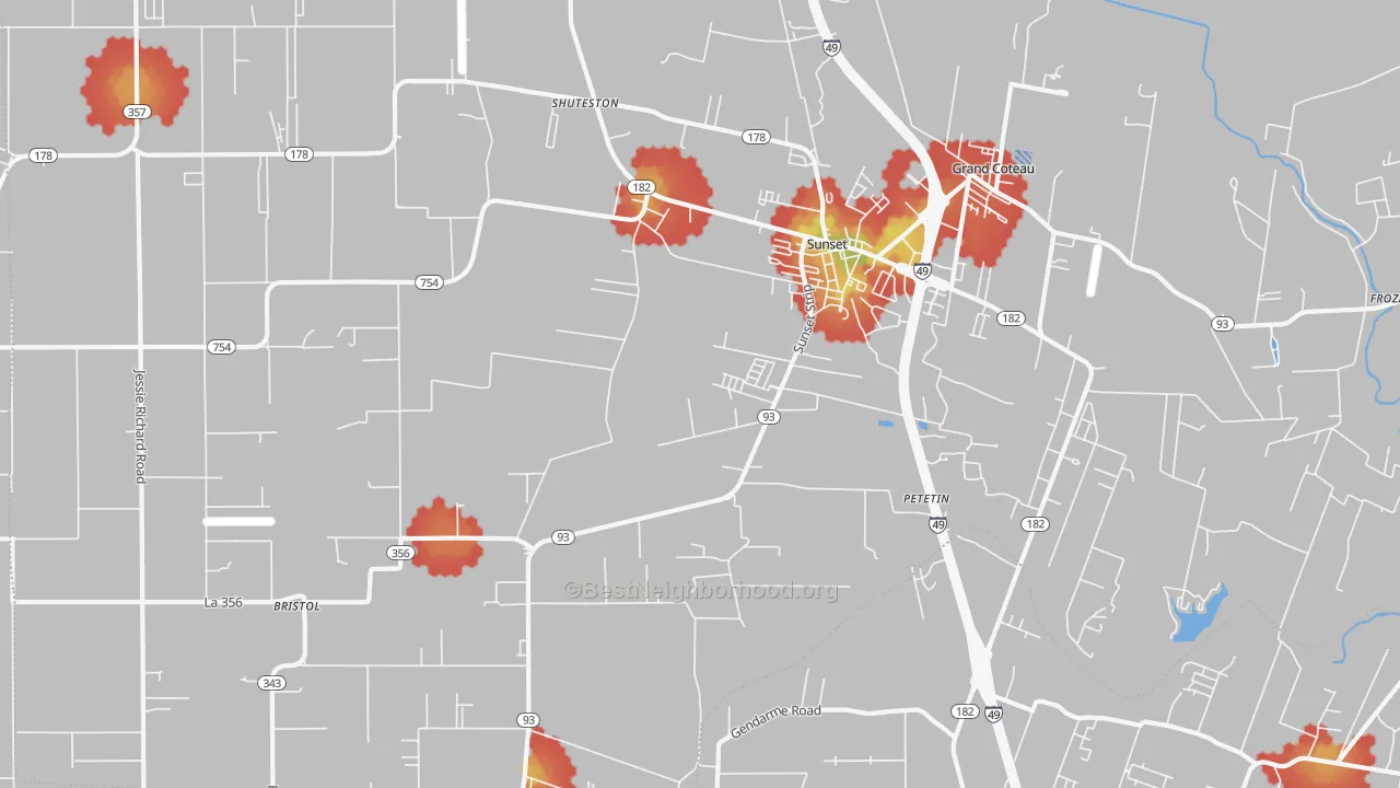 Walk Grade map of 70584, LA, walkable areas in green and car-dependent areas in red