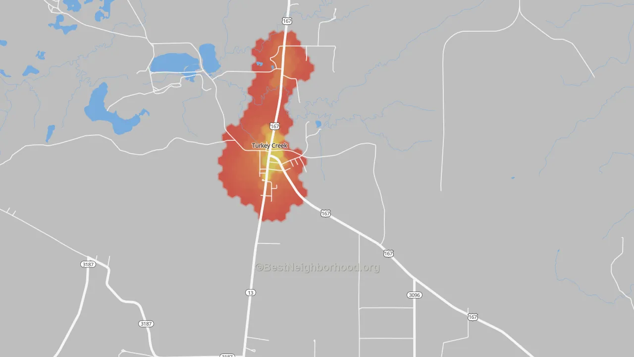 Walk Grade map of 70585, LA, walkable areas in green and car-dependent areas in red