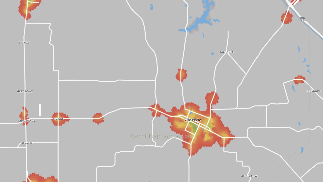 Walk Grade map of 70586, LA, walkable areas in green and car-dependent areas in red
