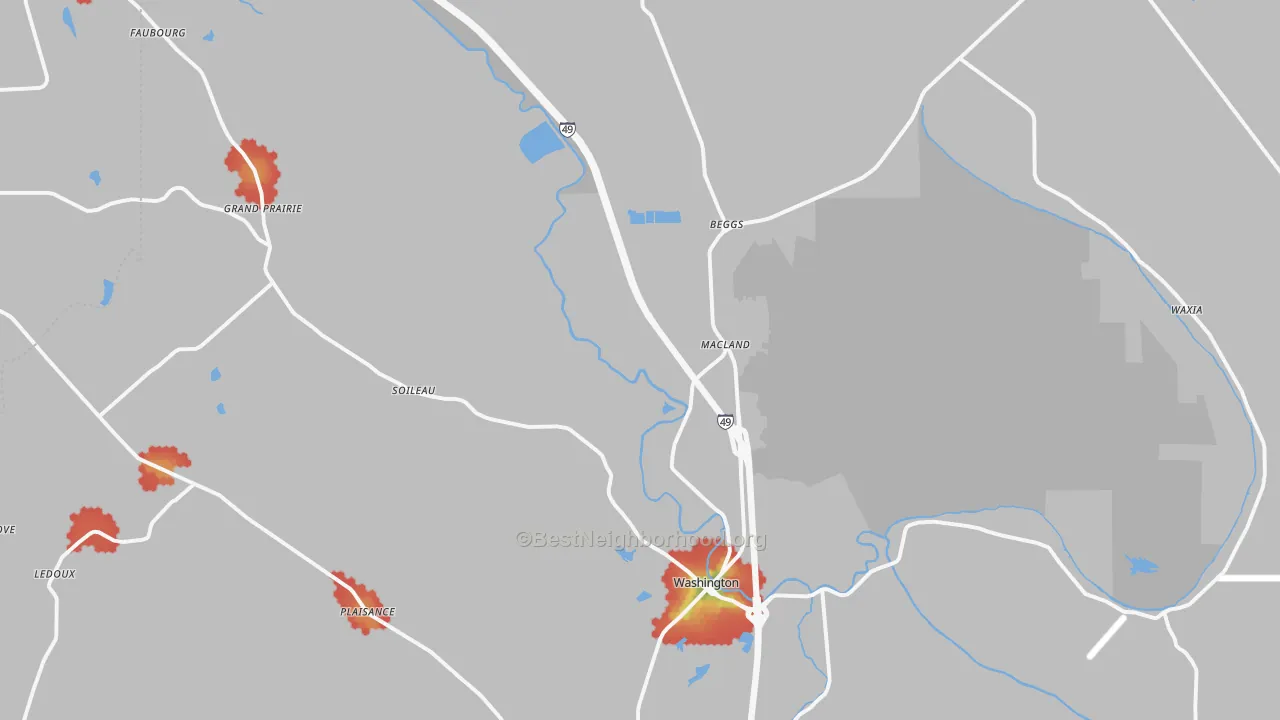 Walk Grade map of 70589, LA, walkable areas in green and car-dependent areas in red