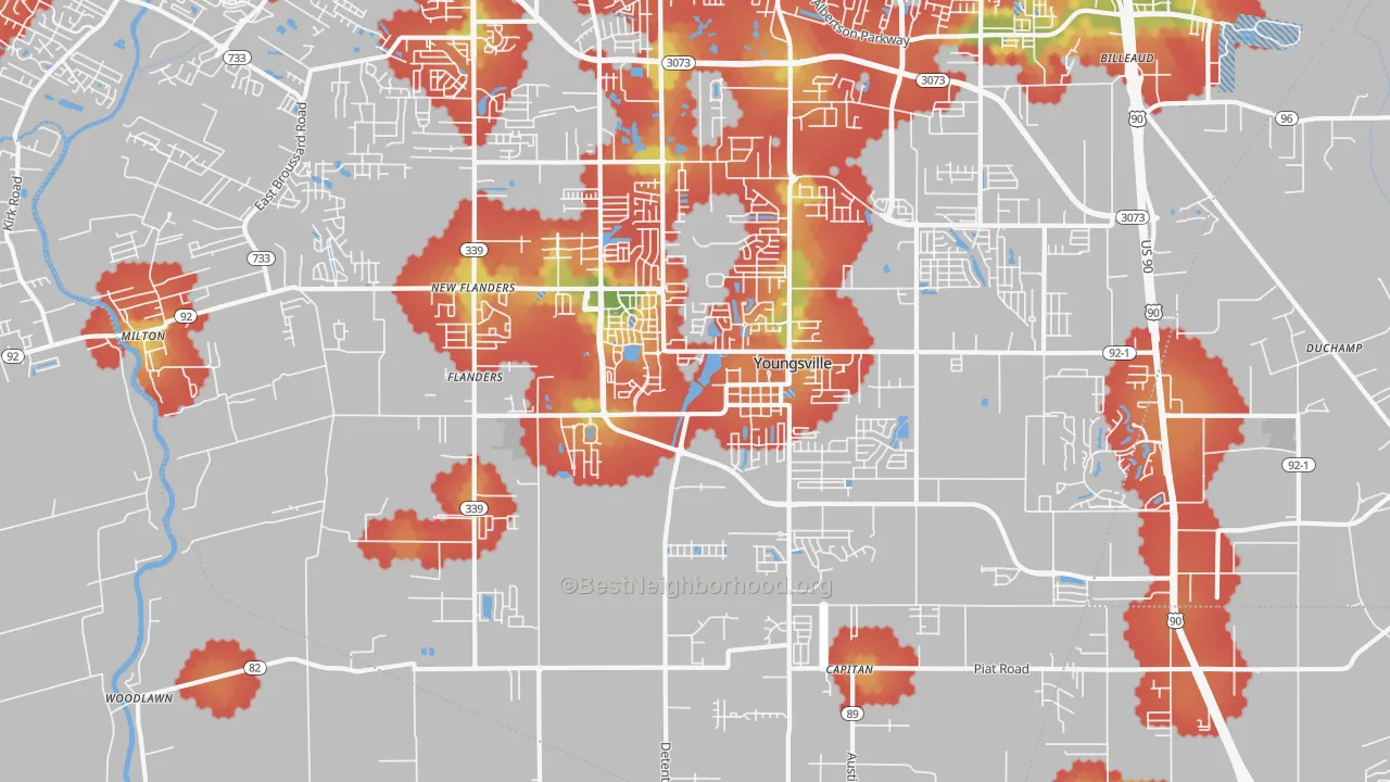 Walk Grade map of 70592, LA, walkable areas in green and car-dependent areas in red