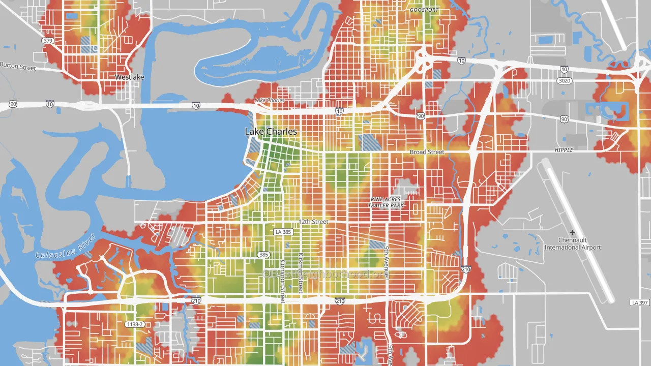 Walk Grade map of 70601, LA, walkable areas in green and car-dependent areas in red