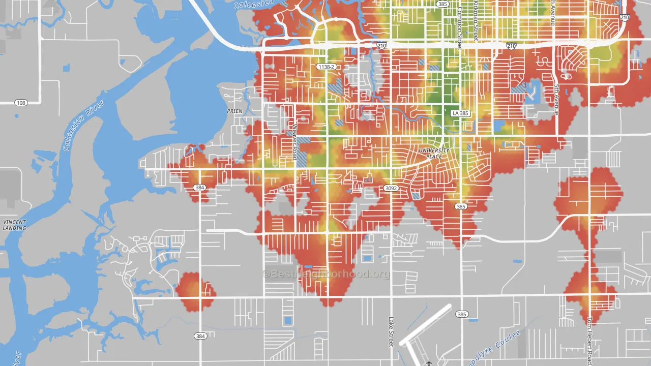 Walk Grade map of 70605, LA, walkable areas in green and car-dependent areas in red
