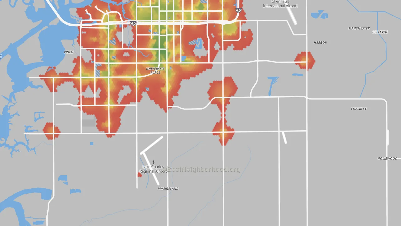 Walk Grade map of 70607, LA, walkable areas in green and car-dependent areas in red