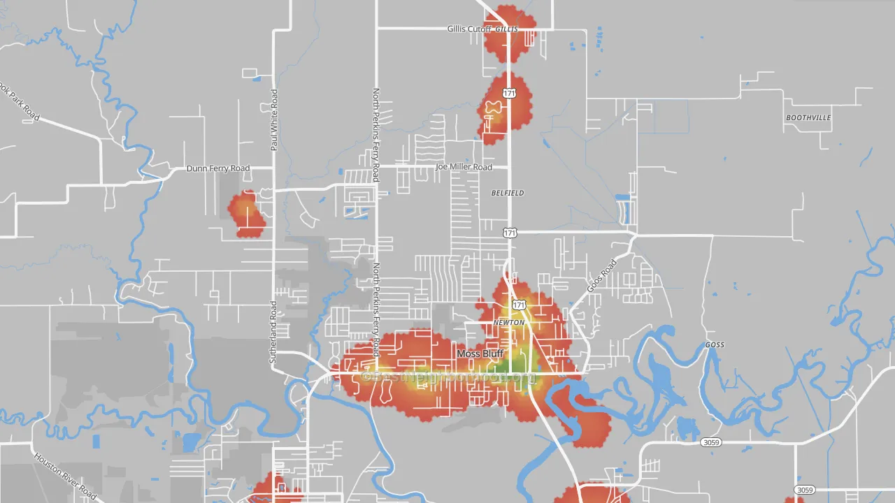 Walk Grade map of 70611, LA, walkable areas in green and car-dependent areas in red