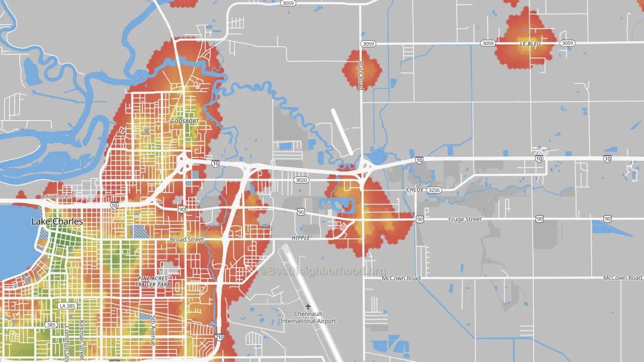 Walk Grade map of 70615, LA, walkable areas in green and car-dependent areas in red