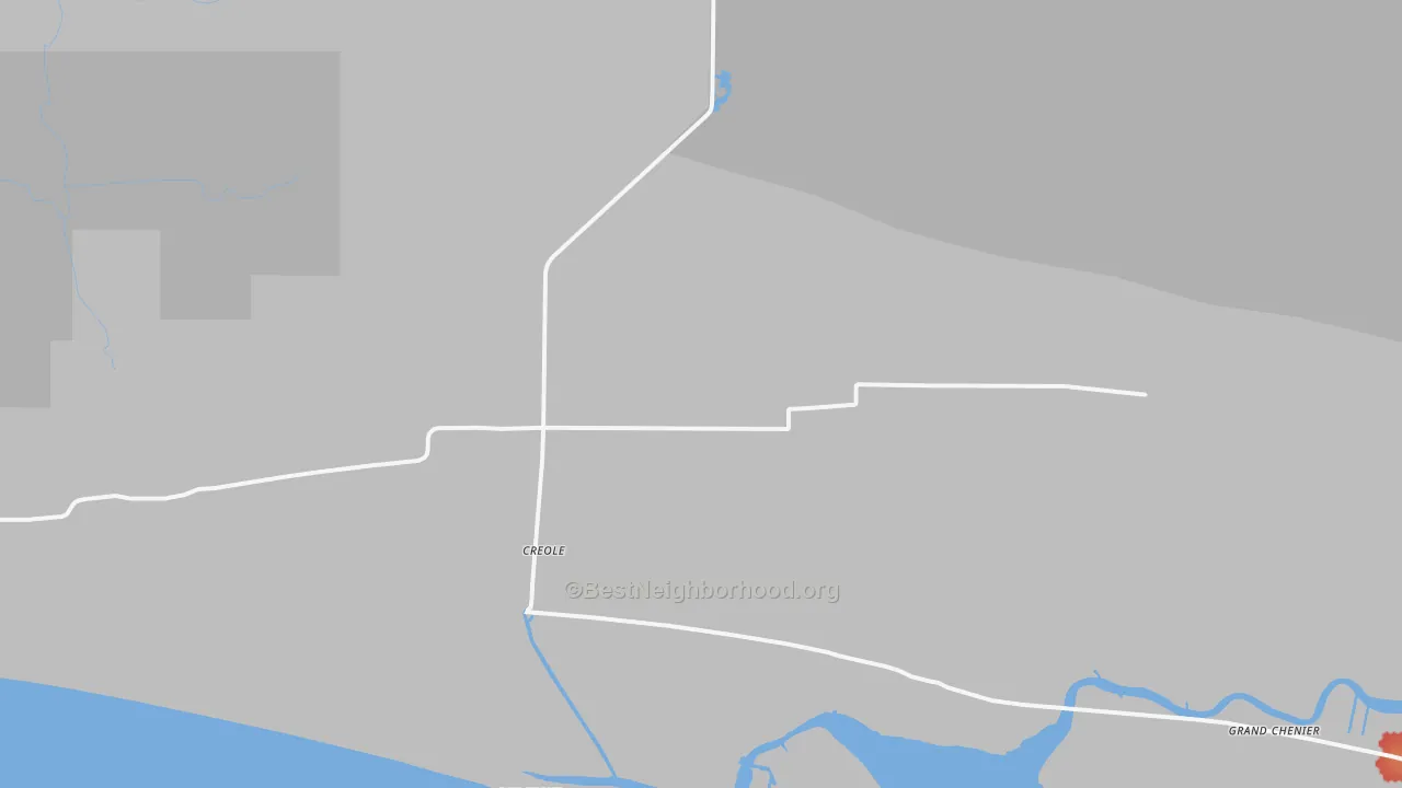 Walk Grade map of 70632, LA, walkable areas in green and car-dependent areas in red