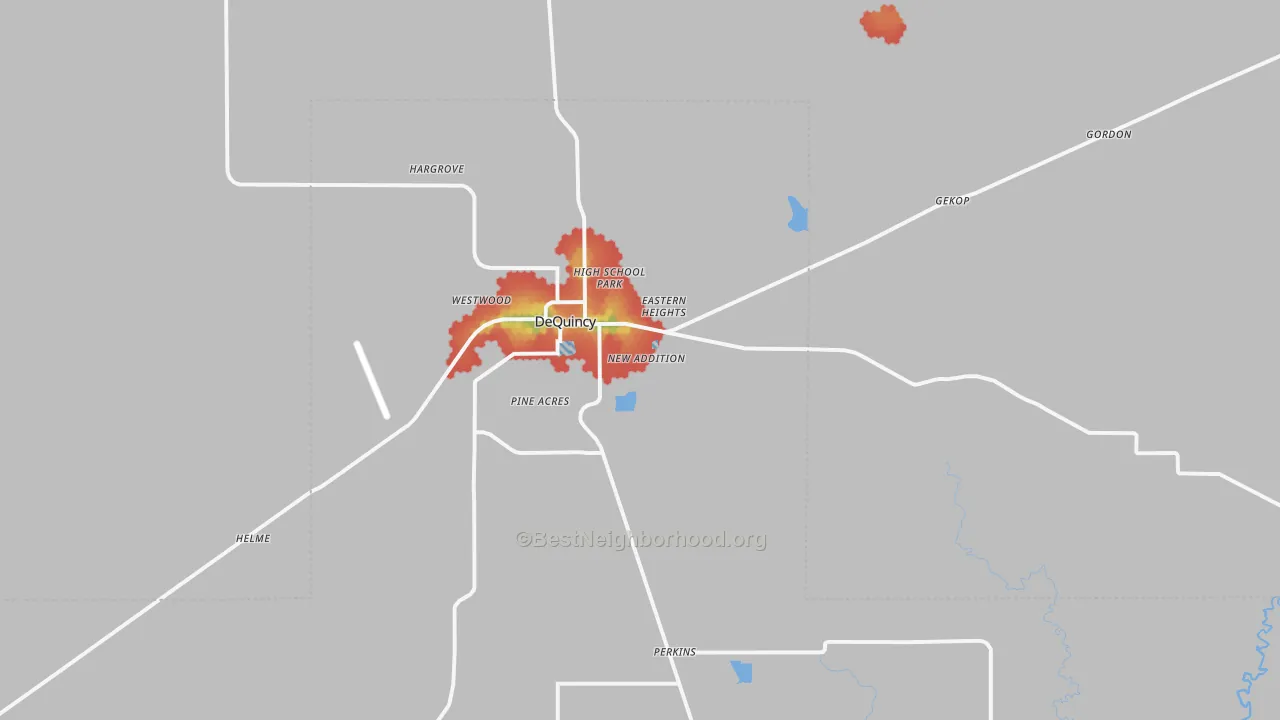 Walk Grade map of 70633, LA, walkable areas in green and car-dependent areas in red