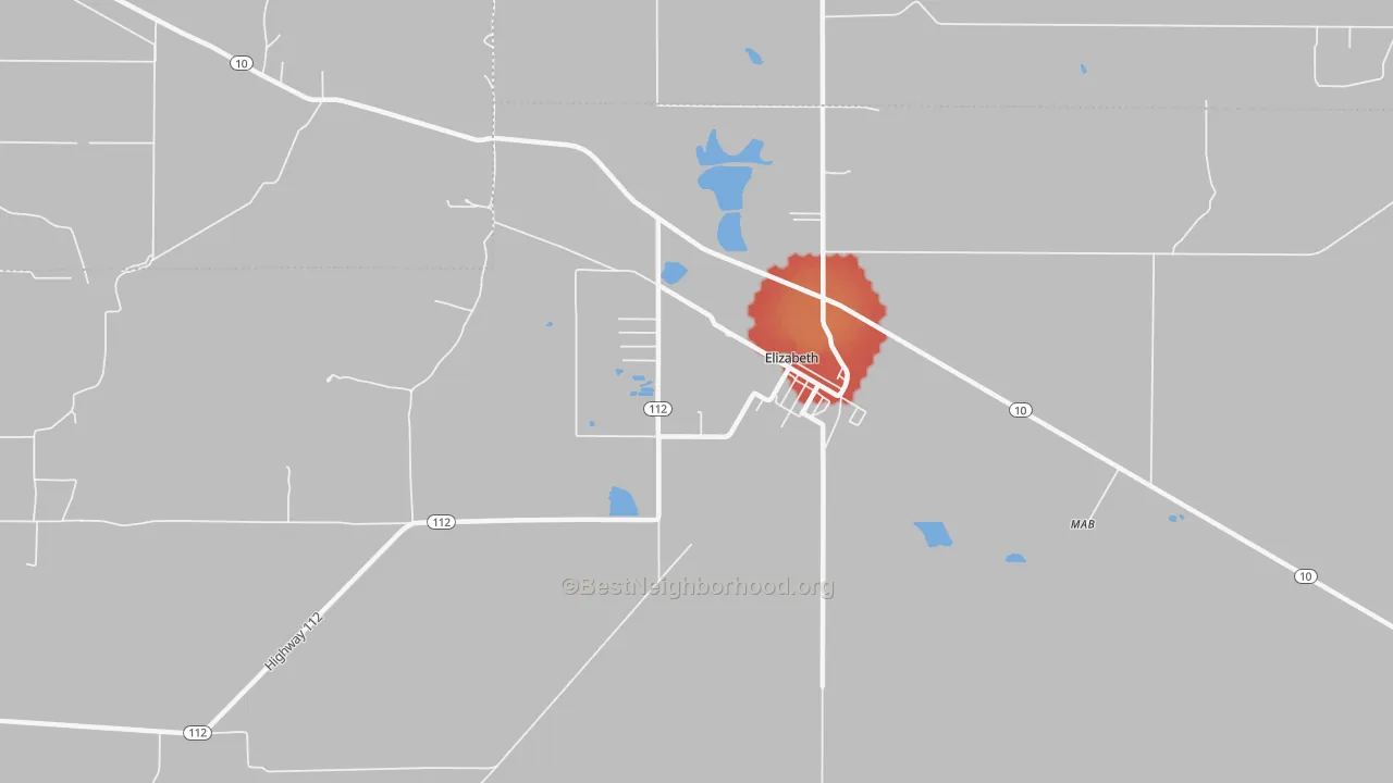 Walk Grade map of 70638, LA, walkable areas in green and car-dependent areas in red