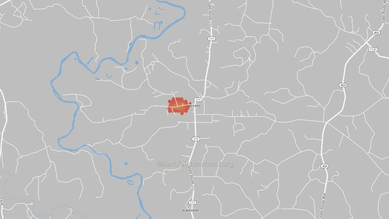 Walk Grade map of 70639, LA, walkable areas in green and car-dependent areas in red